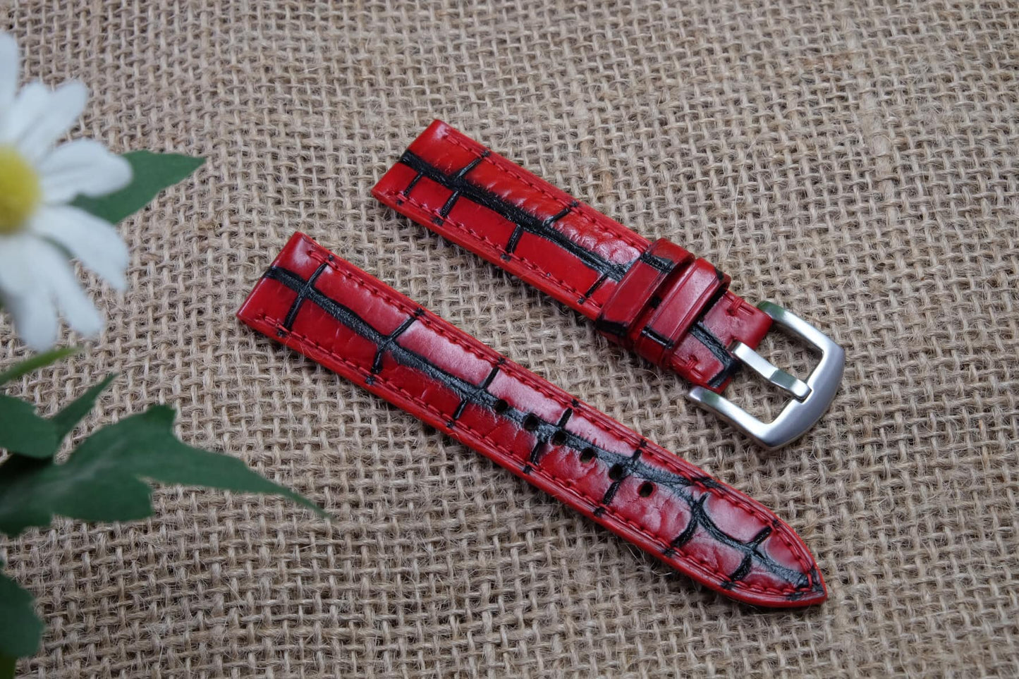 HAND DYED PATINA TURQUOISE RED PATINA CROCODILE SKIN LEATHER STRAP HDCS32