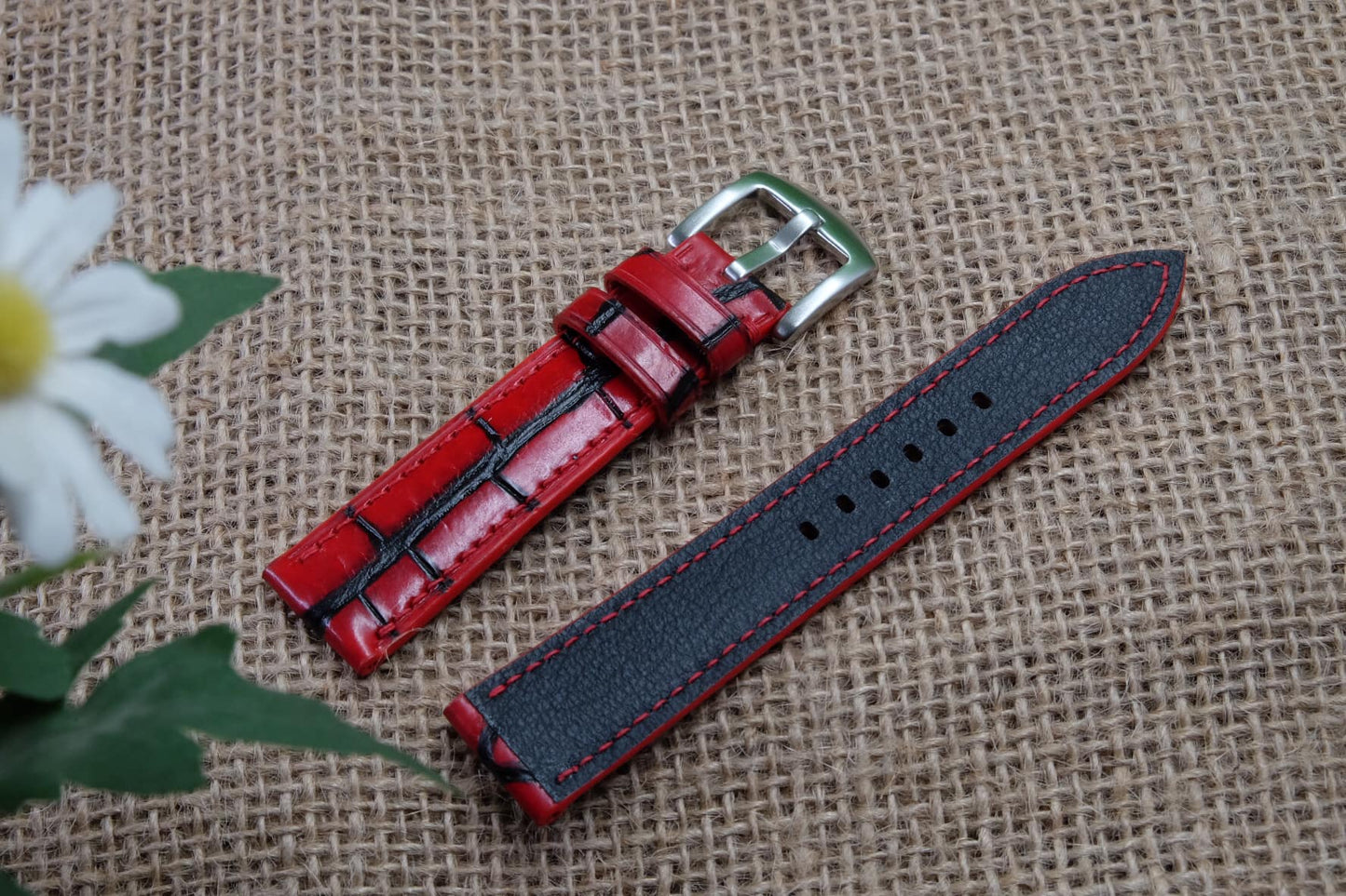 HAND DYED PATINA TURQUOISE RED PATINA CROCODILE SKIN LEATHER STRAP HDCS32