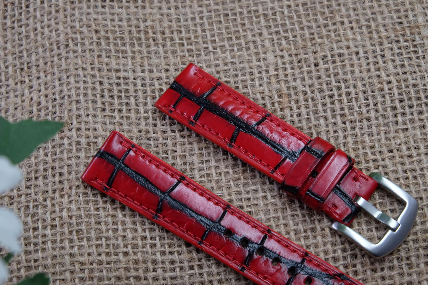 HAND DYED PATINA TURQUOISE RED PATINA CROCODILE SKIN LEATHER STRAP HDCS32