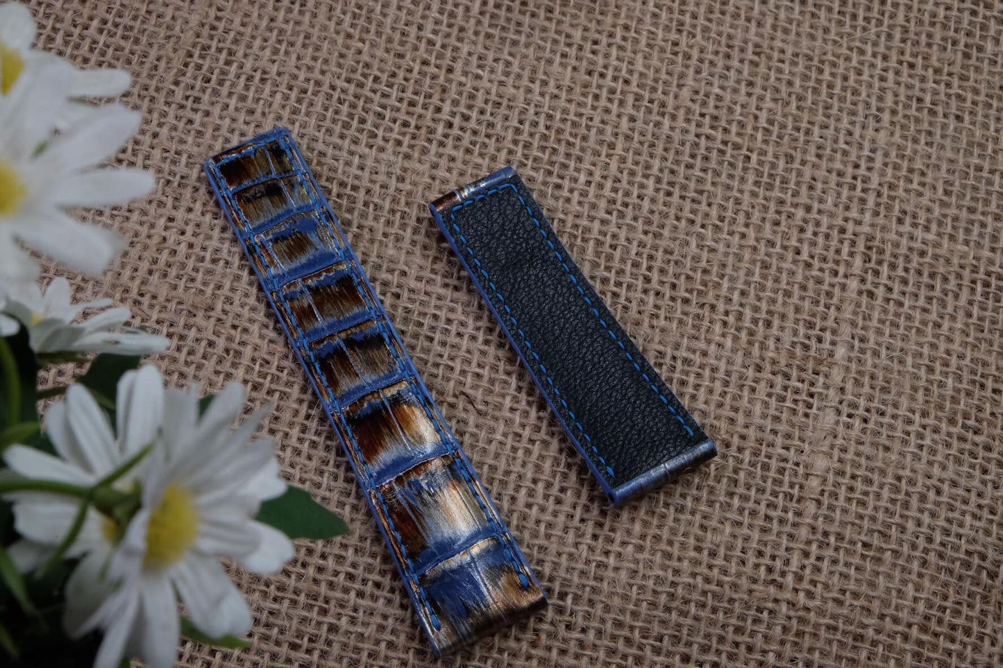 BESPOKE GENUINE SPAIN VERDEVELENO HAND DYED BROWN/BLUE PATINA CROCODILE LEATHER STRAP HDCS89