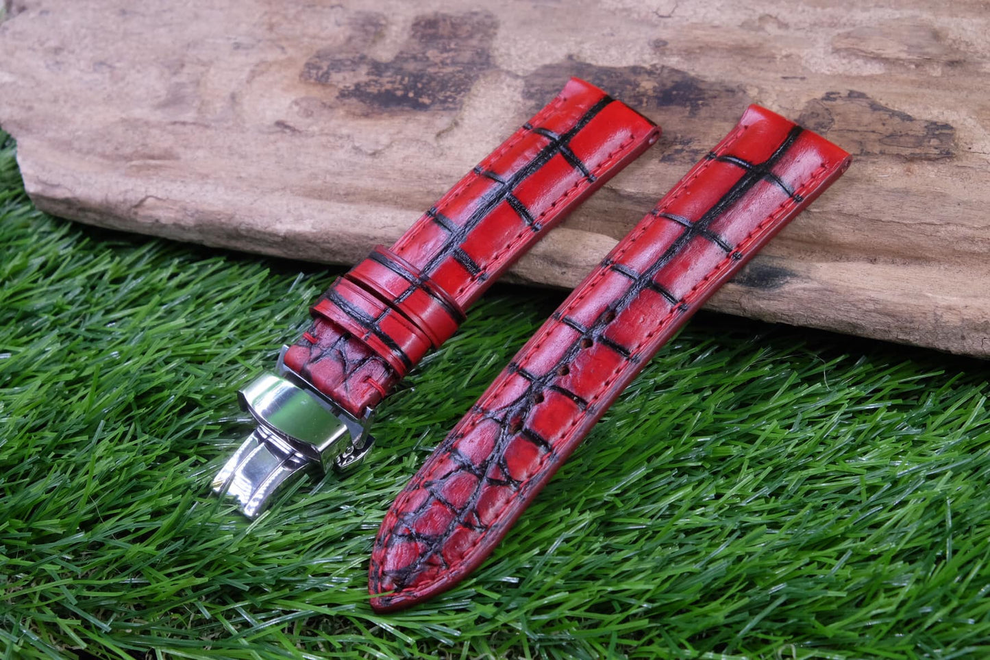 HAND DYED PATINA TURQUOISE RED PATINA CROCODILE SKIN LEATHER STRAP HDCS32