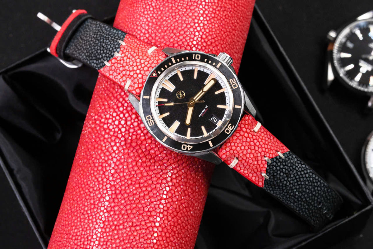 Black & Red Mixed Stingray Leather Strap