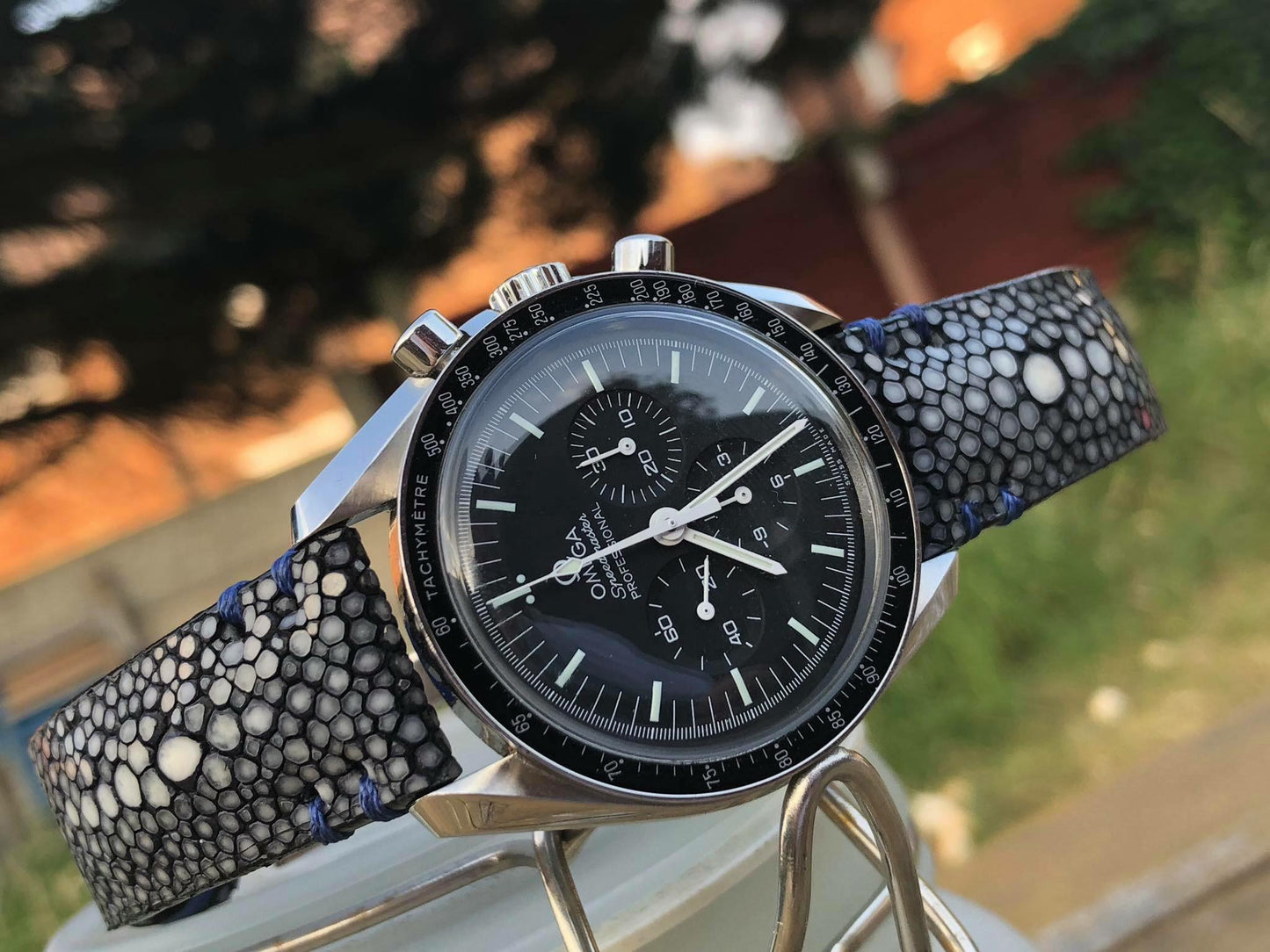 BESPOKE GENUINE BLACK STINGRAY SKIN LEATHER STRAP FOR OMEGA CLASP HDOS18