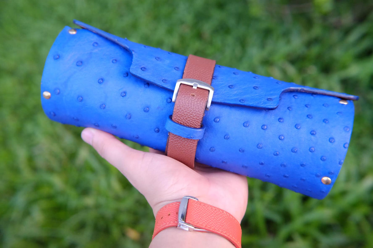 Blue ostrich belly leather 3 watch roll HDWR29