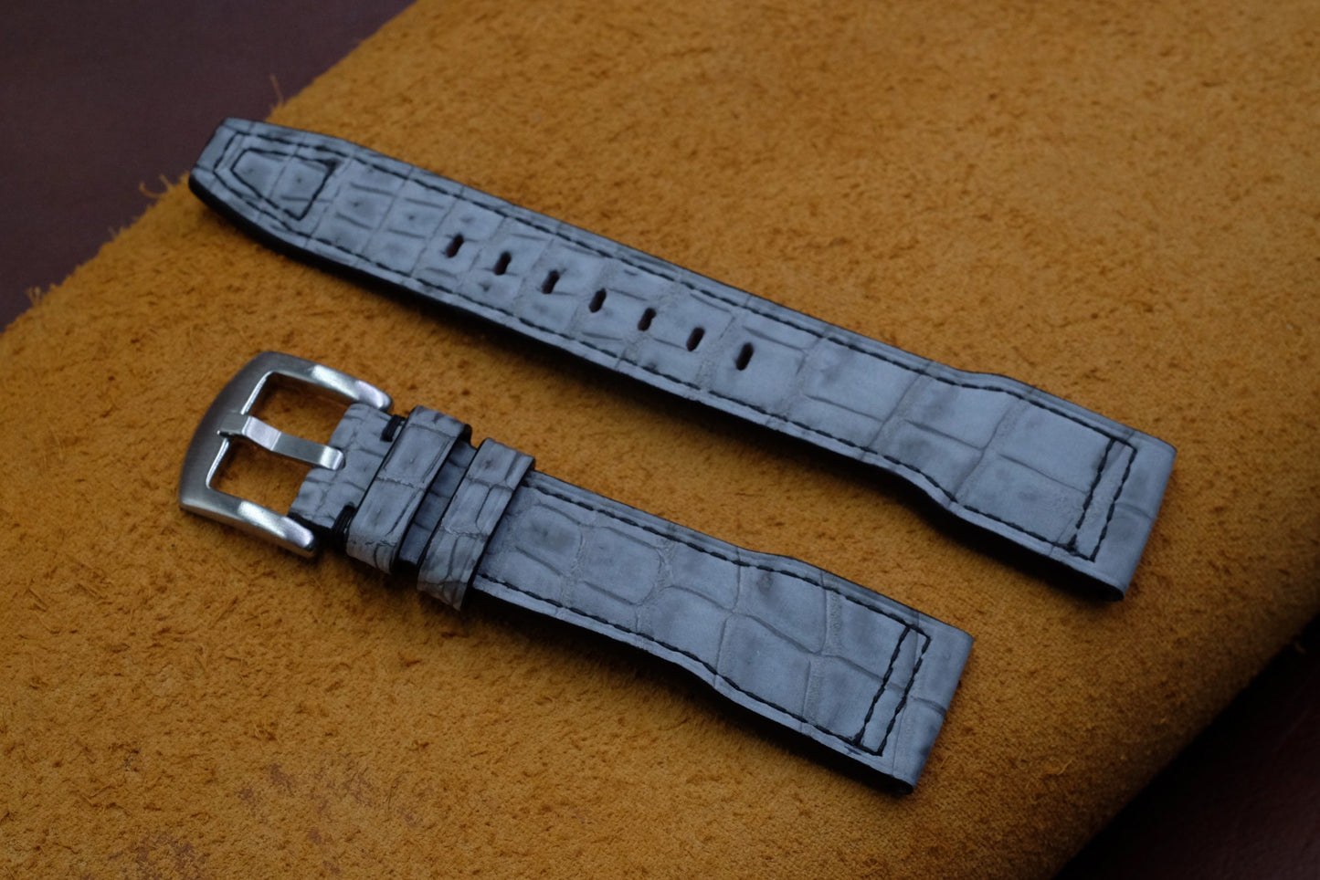 Custom made light grey belly crocodile leather pilot watch strap for IWC HDCCD121