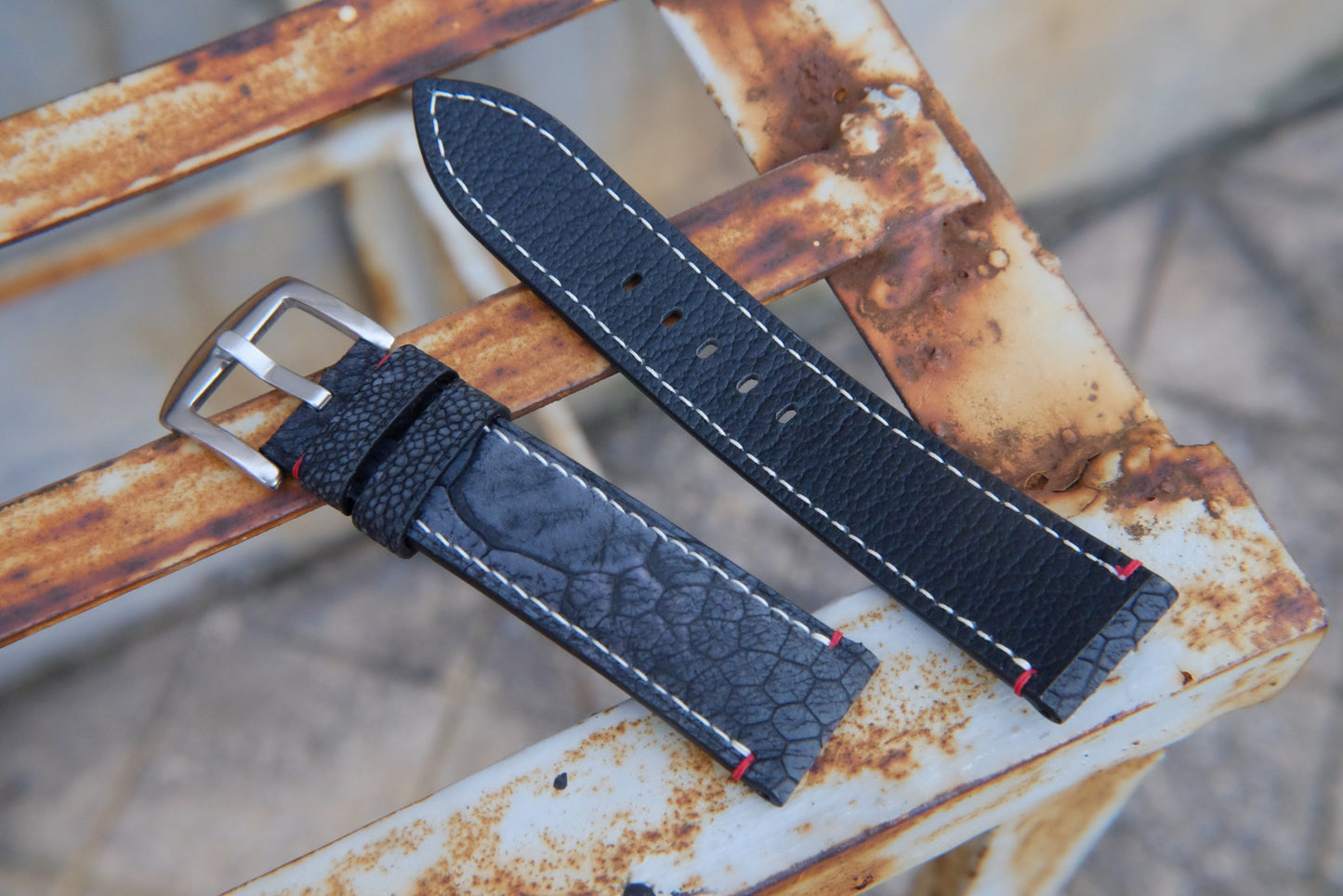 BESPOKE GENUINE STONE WASHED BLACK KLEIN KAROO OSTRICH LEG SKIN LEATHER STRAP HDOL39