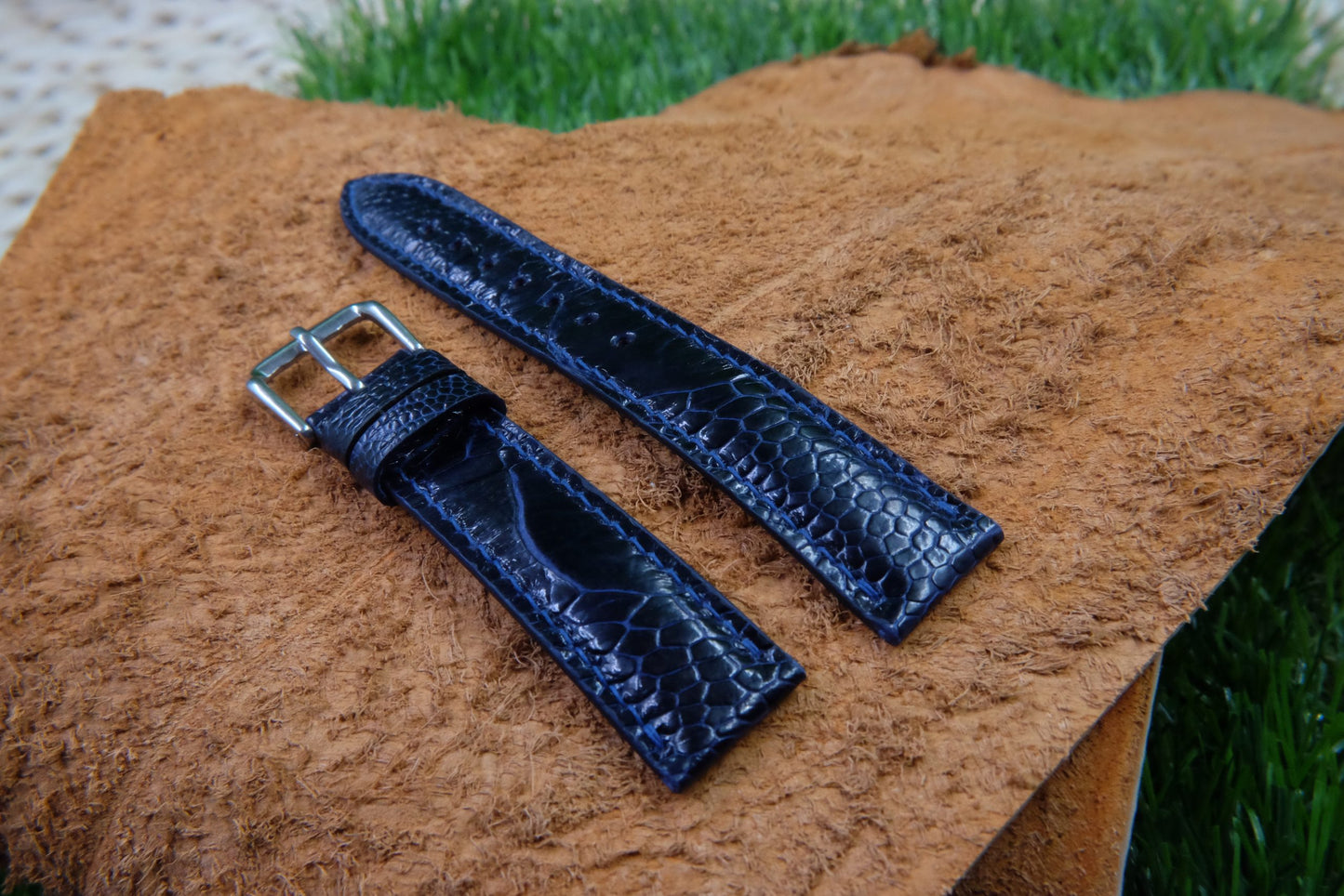 BESPOKE GENUINE NAVY BLUE KLEIN KAROO OSTRICH LEG SKIN LEATHER STRAP HDOL40