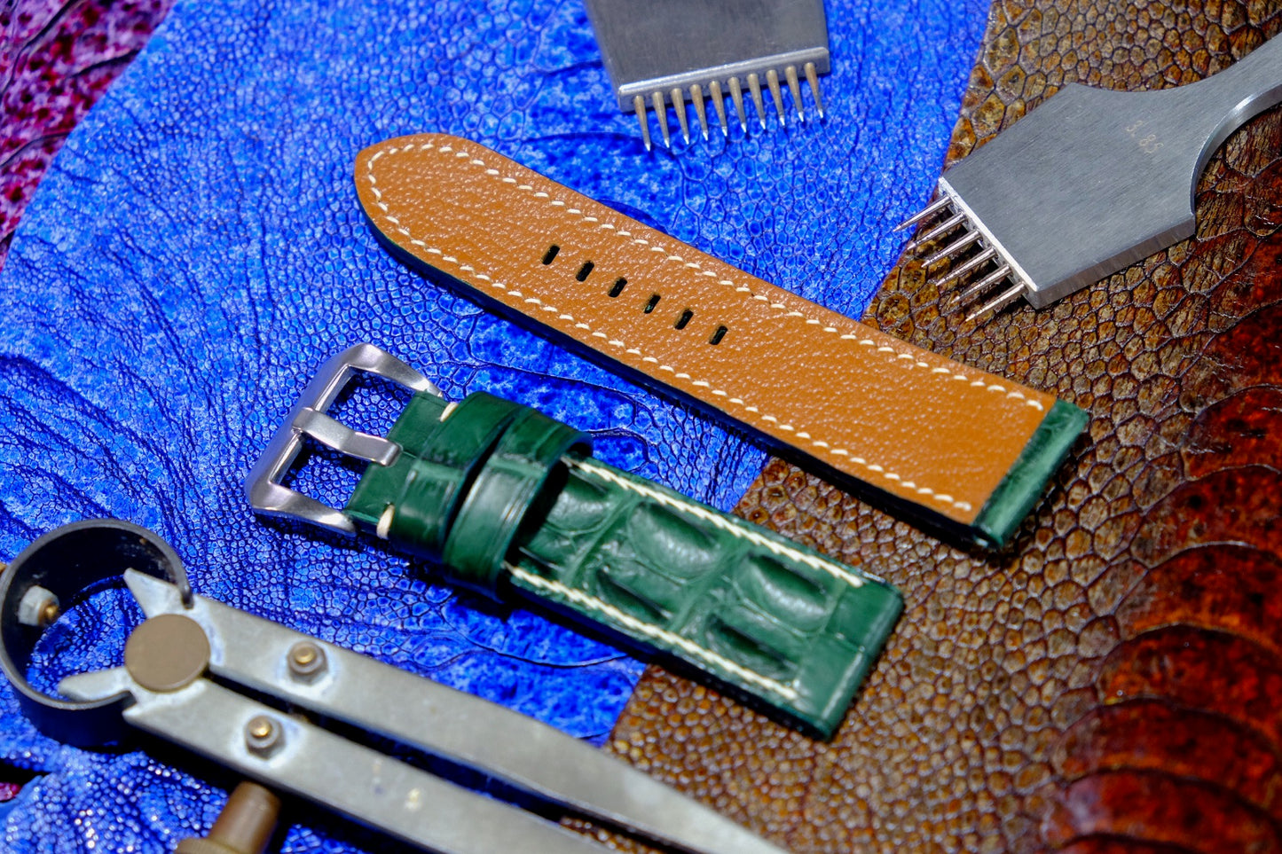 Green double hornback crocodile leather watch strap HDCDH01