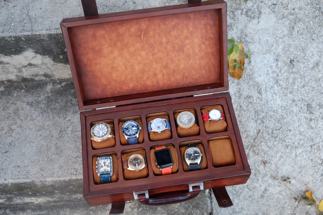 BESPOKE GENUINE BROWN LEATHER WATCH BOX FOR 10 WATCHES HDBWB02