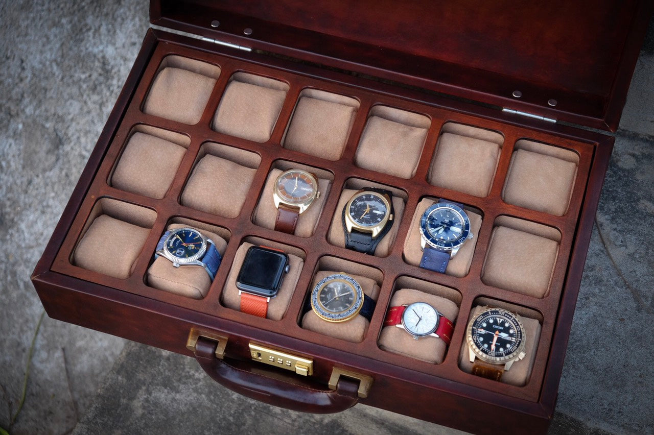 BESPOKE GENUINE BROWN LEATHER WATCH BOX FOR 18 WATCHES HDBWB01