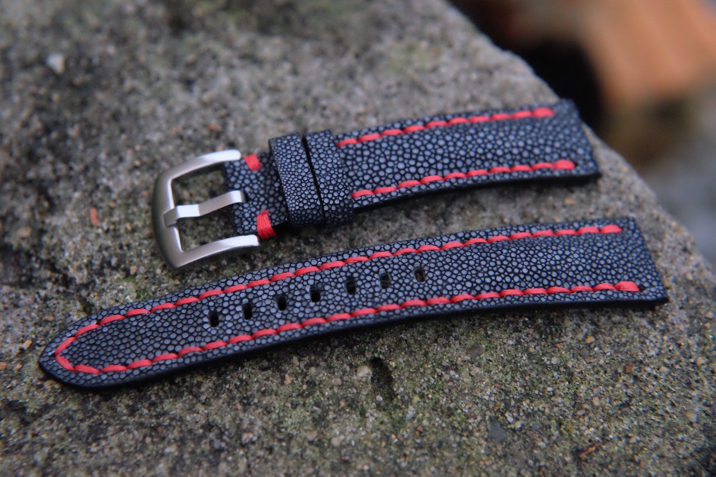 BESPOKE GENUINE BLACK STINGRAY LEATHER FULL STITCHING WATCH STRAP HDST41