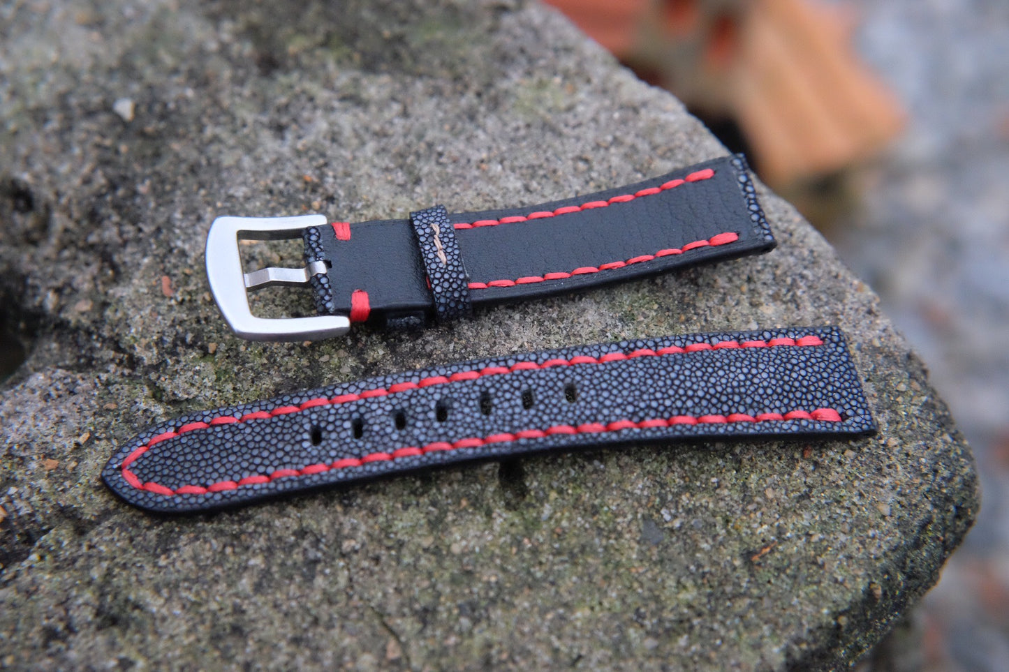 BESPOKE GENUINE BLACK STINGRAY LEATHER FULL STITCHING WATCH STRAP HDST41