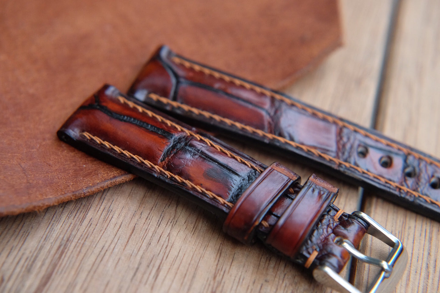 BESPOKE GENUINE HAND DYED PATINA BROWN CROCODILE SKIN LEATHER STRAP HDCS73