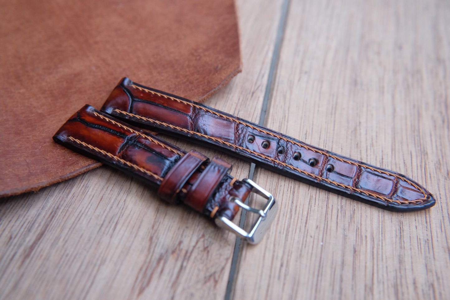 BESPOKE GENUINE HAND DYED PATINA BROWN CROCODILE SKIN LEATHER STRAP HDCS73