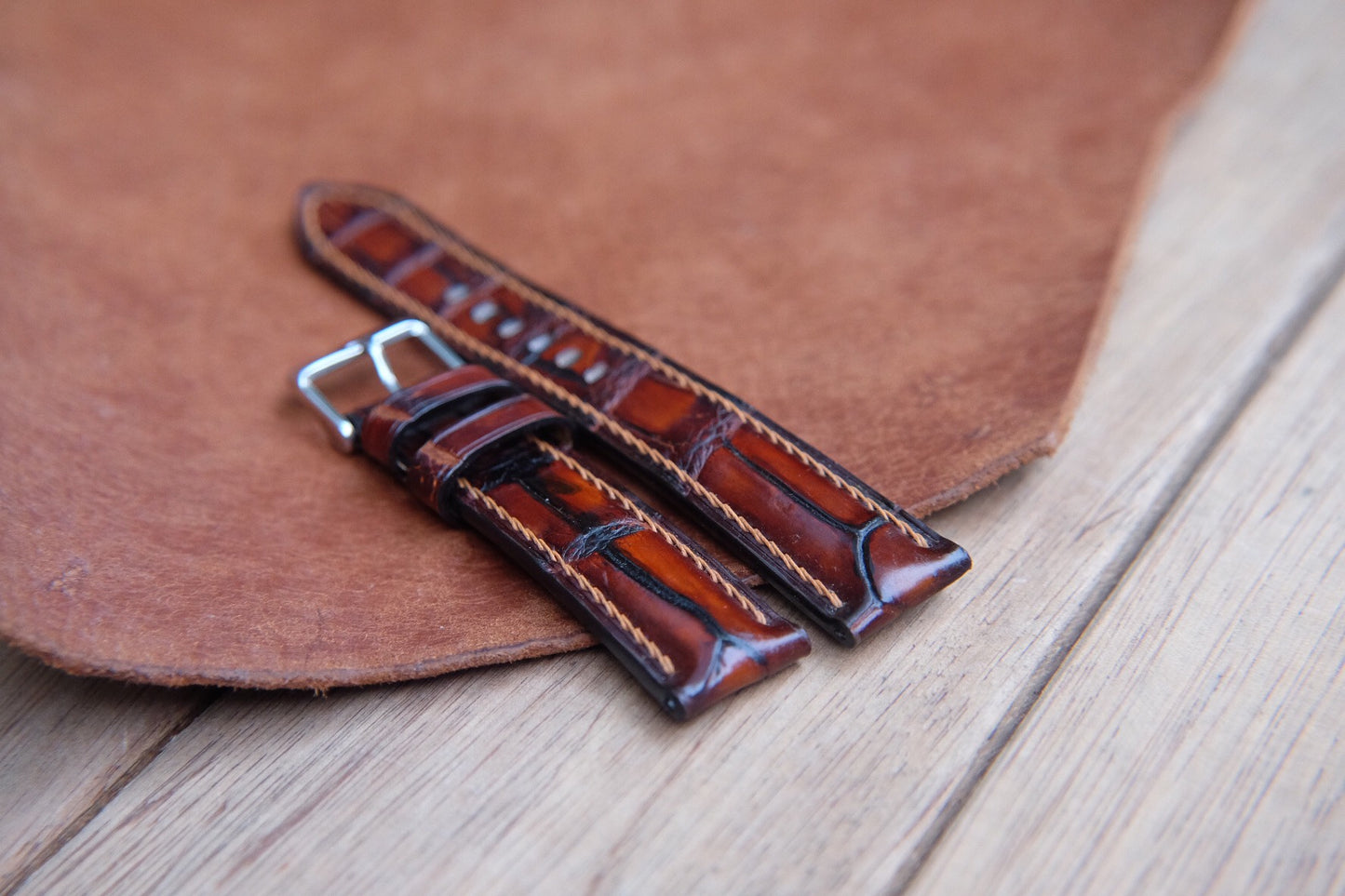 BESPOKE GENUINE HAND DYED PATINA BROWN CROCODILE SKIN LEATHER STRAP HDCS73