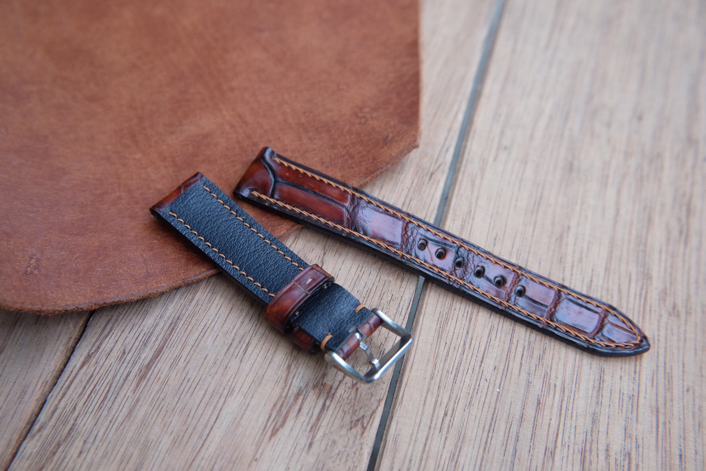 BESPOKE GENUINE HAND DYED PATINA BROWN CROCODILE SKIN LEATHER STRAP HDCS73