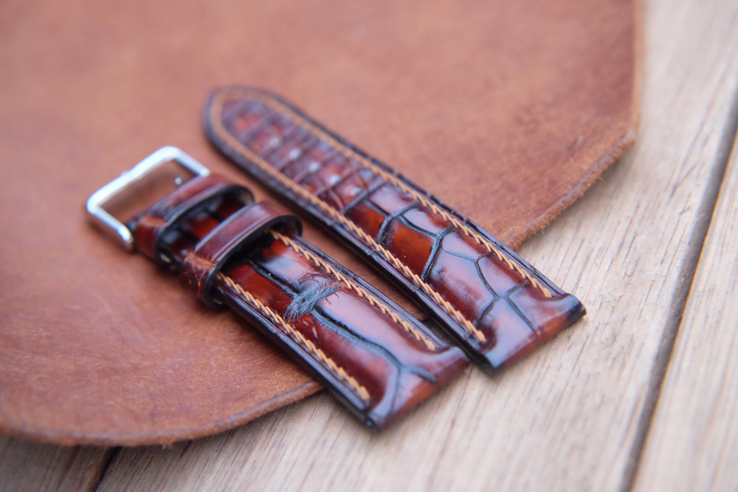 BESPOKE GENUINE HAND DYED PATINA BROWN CROCODILE SKIN LEATHER STRAP HDCS73