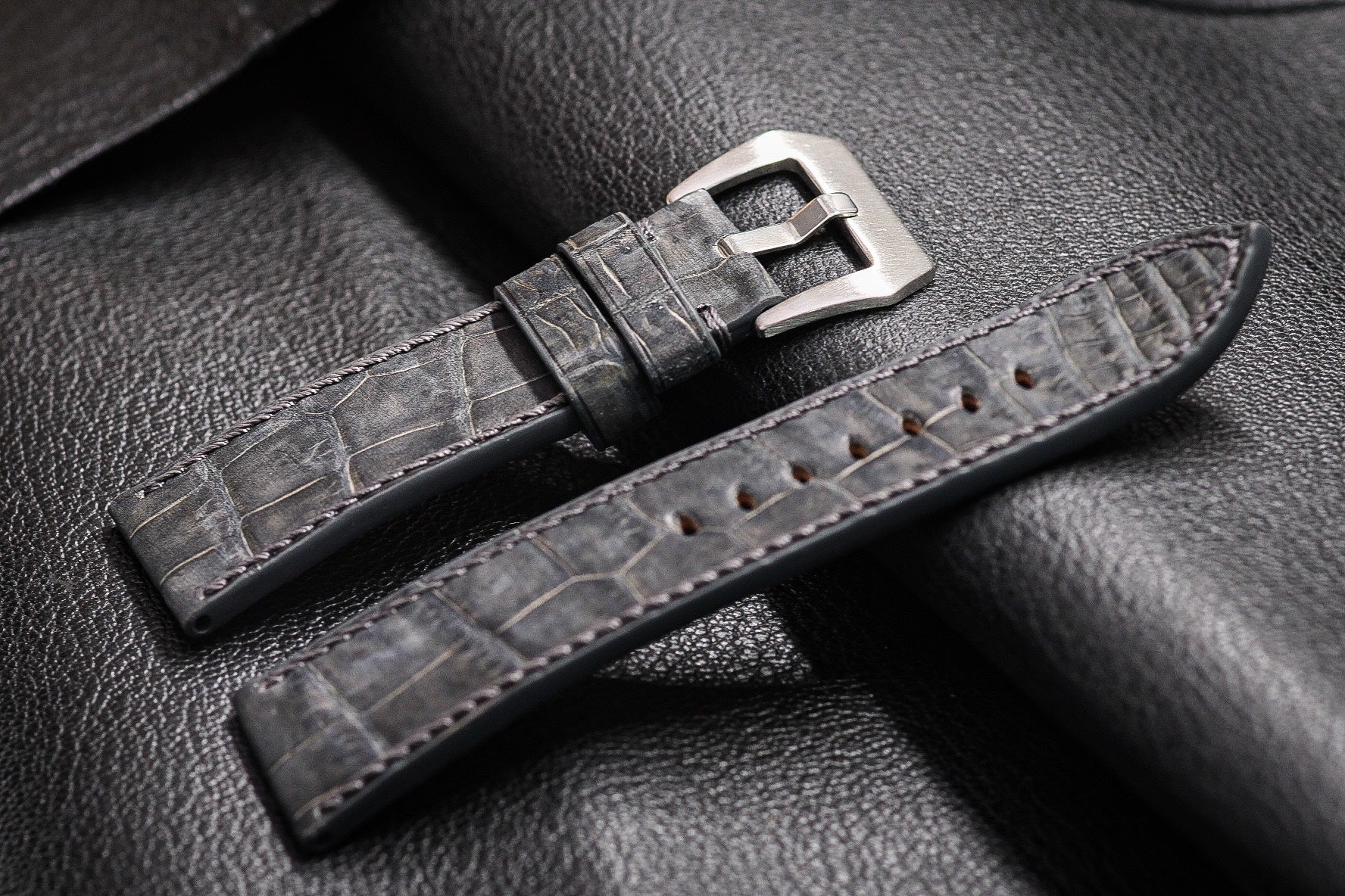 BESPOKE GENUINE ANTHRACITE GREY NUBUCK CROCODILE LEATHER WATCH