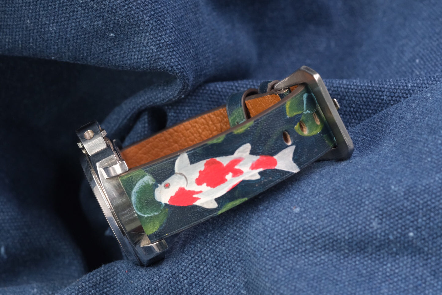 CUSTOM HANDPAINTED JAPANESE KOI CARP LEATHER HANDMADE WATCH STRAP LEATHER BAND FOR PANERAI HDPAM23