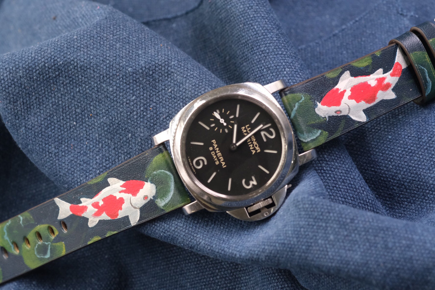 CUSTOM HANDPAINTED JAPANESE KOI CARP LEATHER HANDMADE WATCH STRAP LEATHER BAND FOR PANERAI HDPAM23