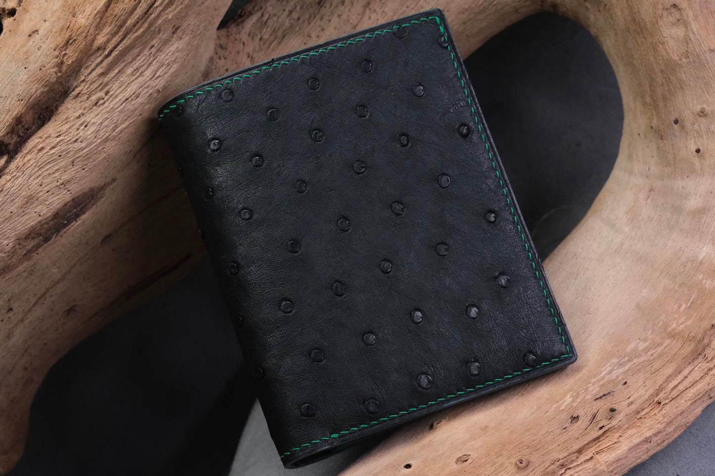 BESPOKE BLACK OSTRICH BELLY BIFOLD MAN WALLET HDWA71