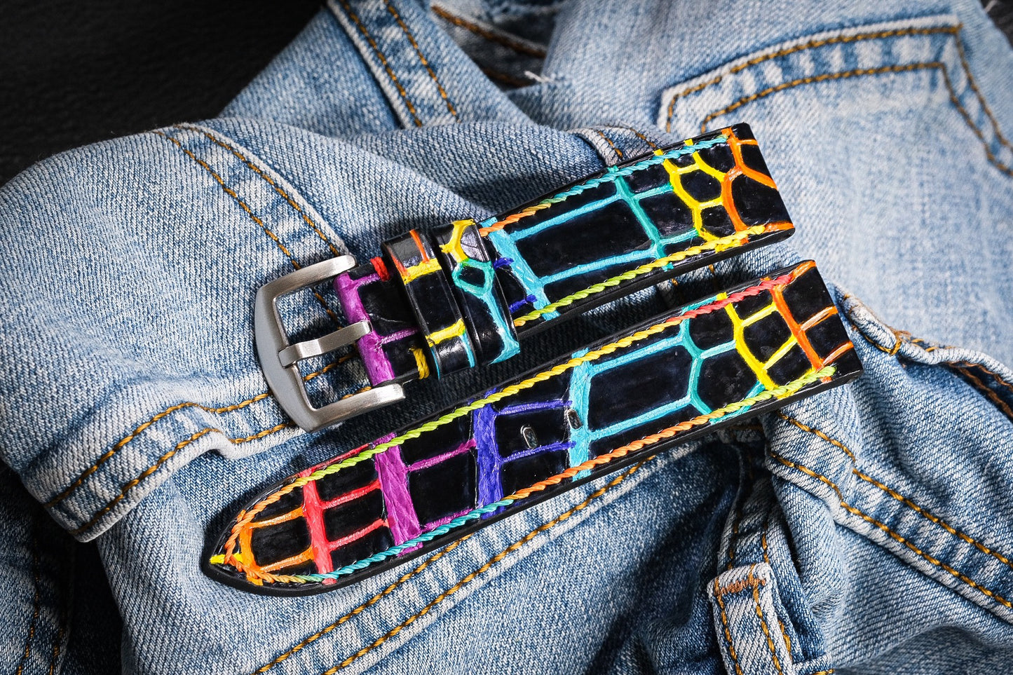 Custom handpainted rainbow color crocodile belly skin leather strap HDCSNS09