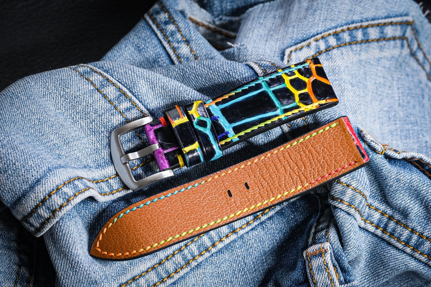 Custom handpainted rainbow color crocodile belly skin leather strap HDCSNS09