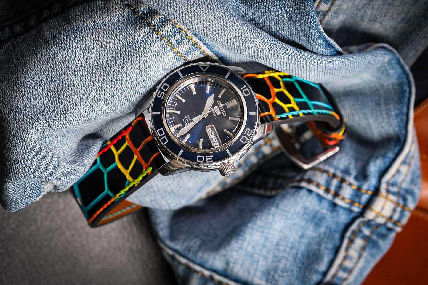 Custom handpainted rainbow color crocodile belly skin leather strap HDCSNS09