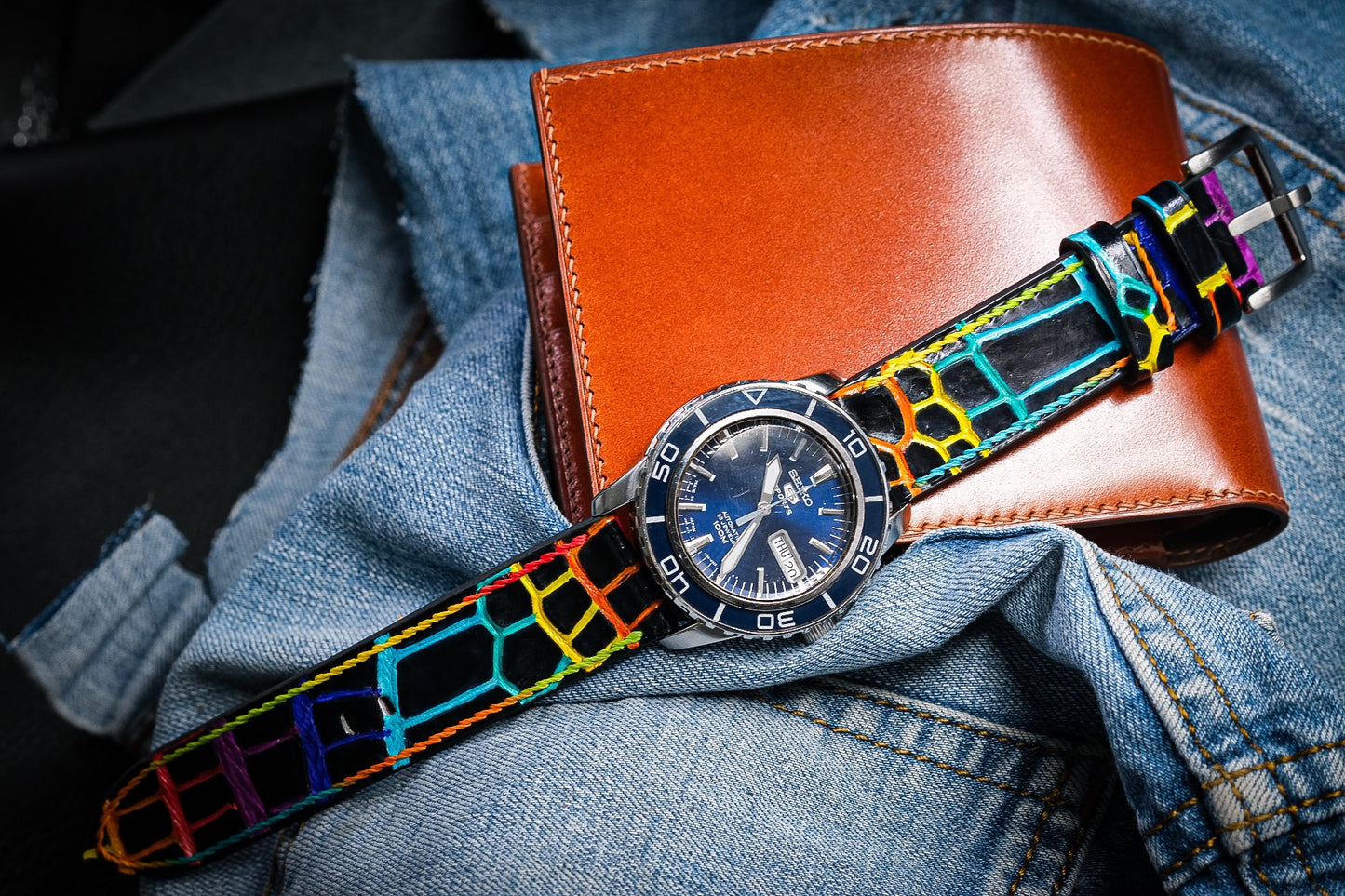 Custom handpainted rainbow color crocodile belly skin leather strap HDCSNS09