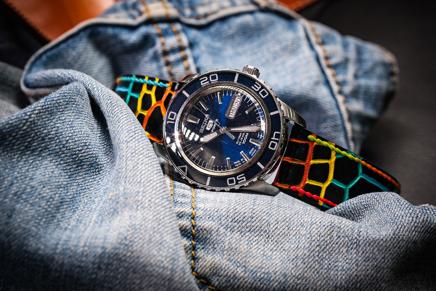 Custom handpainted rainbow color crocodile belly skin leather strap HDCSNS09