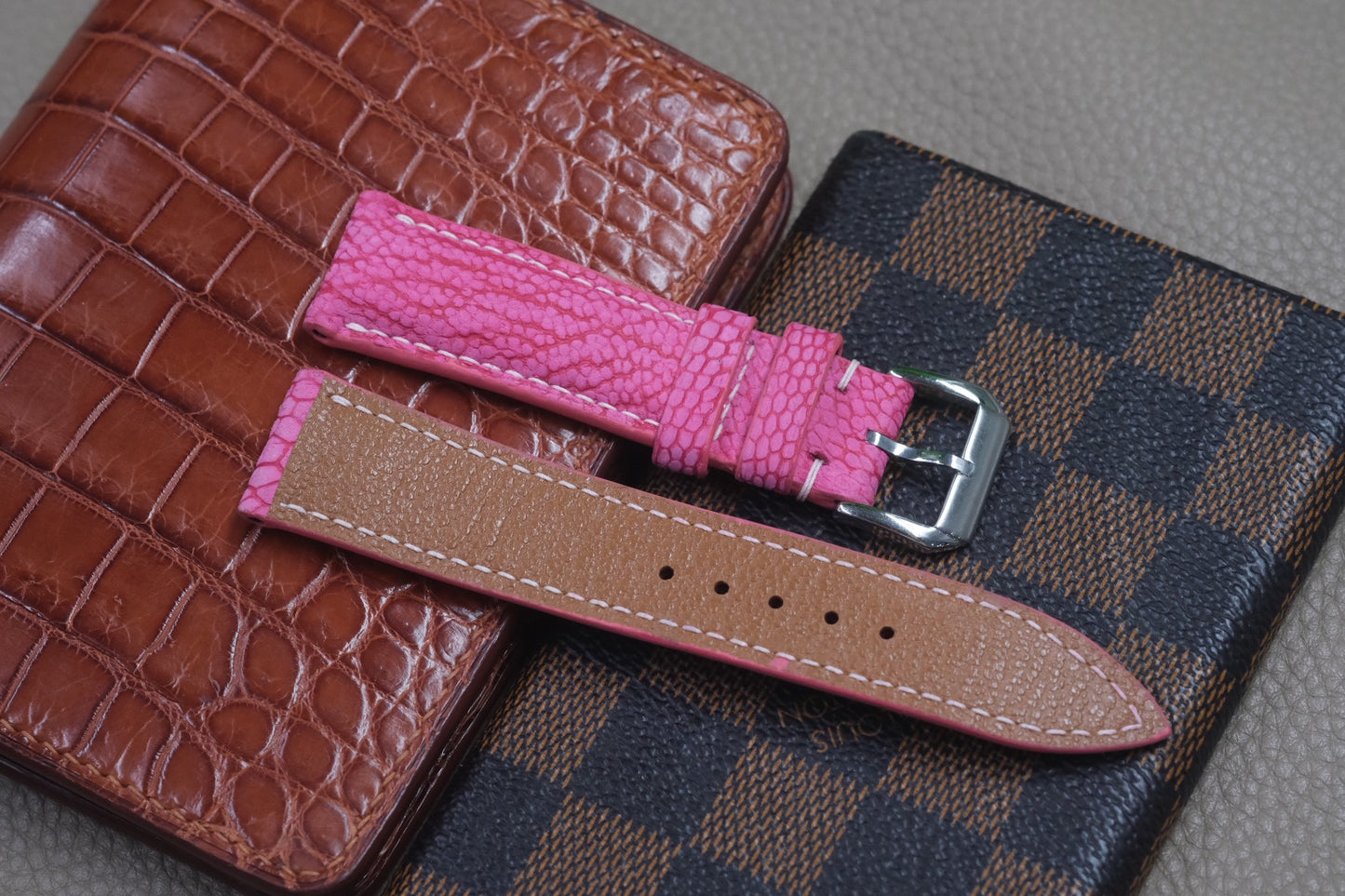 PINK OSTRICH LEG SKIN LEATHER WATCH STRAP RD53
