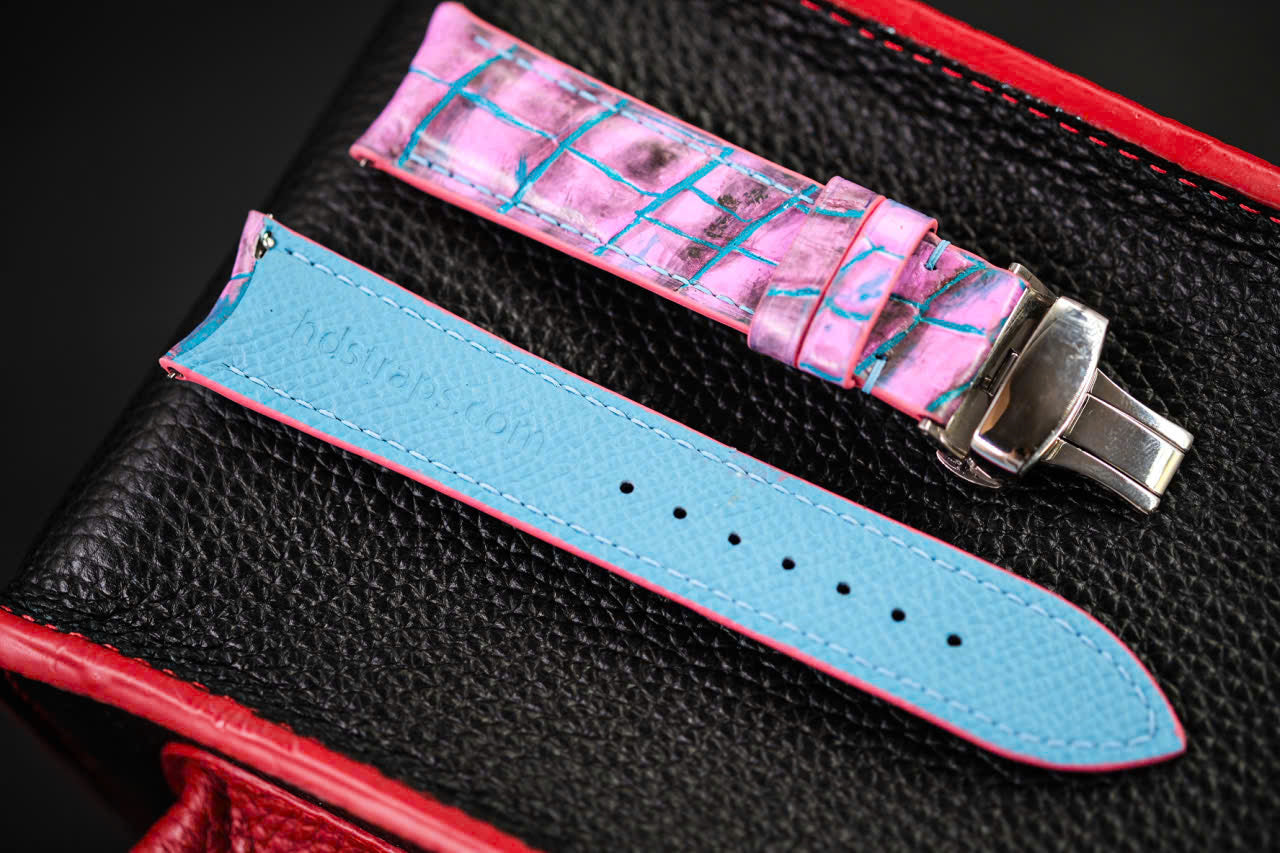 HAND DYED PATINA TURQUOISE RED PATINA CROCODILE SKIN LEATHER STRAP HDCS90