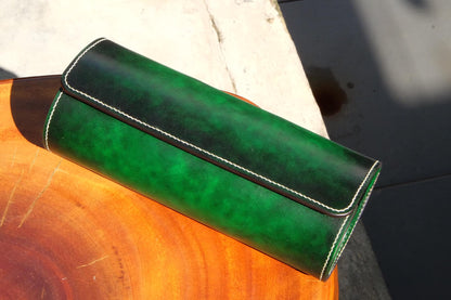 Green hand dyed patina leather watch roll HDWR33