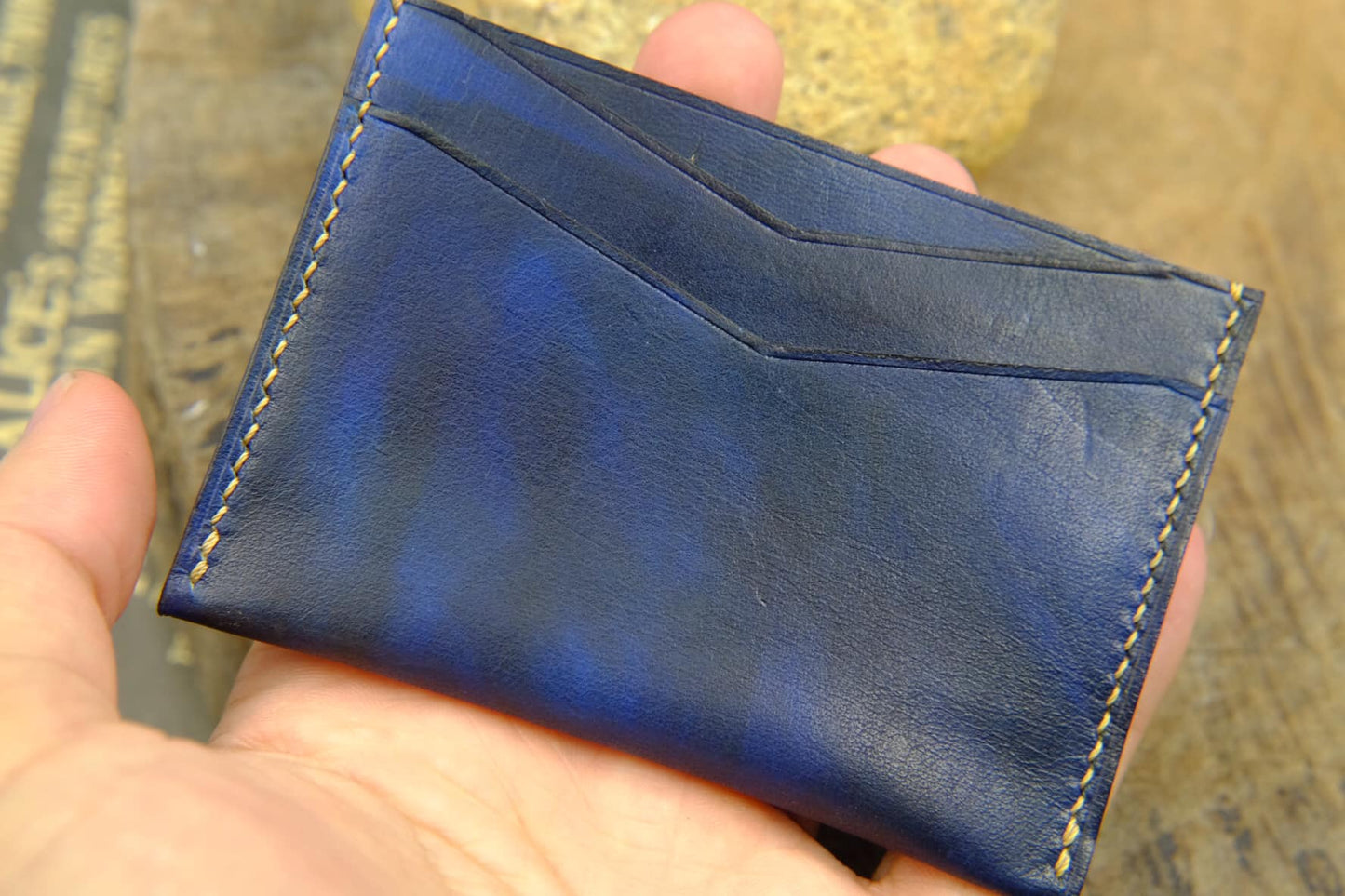 BESPOKE GENUINE DARK BLUE HAND DYED PATINA CARD HOLDER WALLET HDWA70