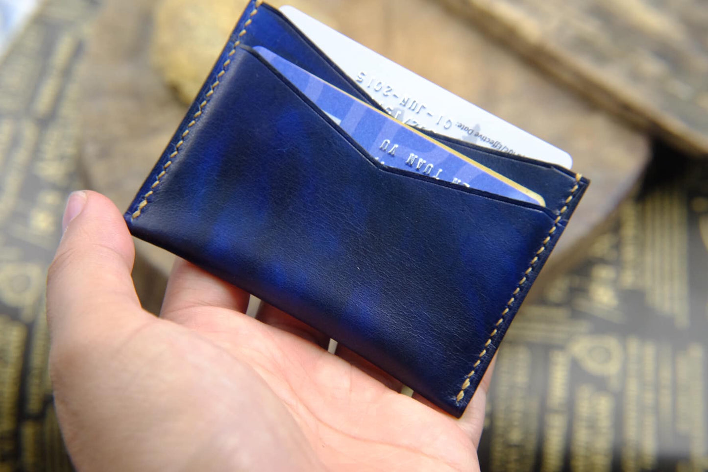 BESPOKE GENUINE DARK BLUE HAND DYED PATINA CARD HOLDER WALLET HDWA70