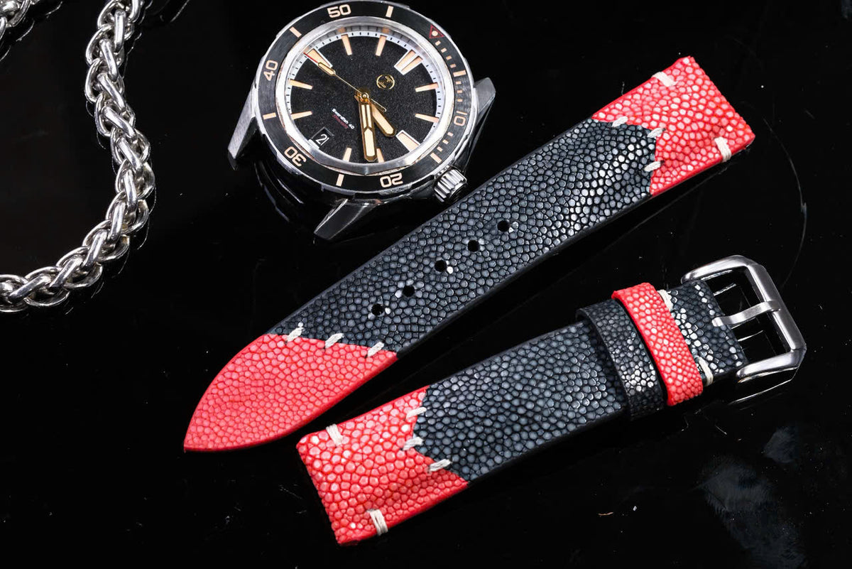 Black & Red Mixed Stingray Leather Strap