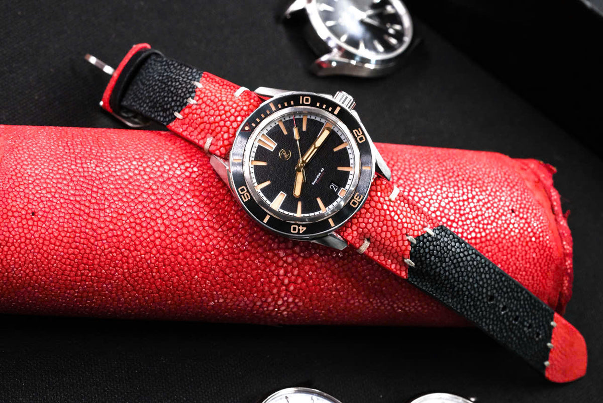 Black & Red Mixed Stingray Leather Strap