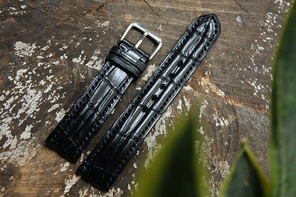 BESPOKE BLACK GENUINE DOUBLE LINE PADDING CROCODILE LEATHER WATCH STRAP HDCS72