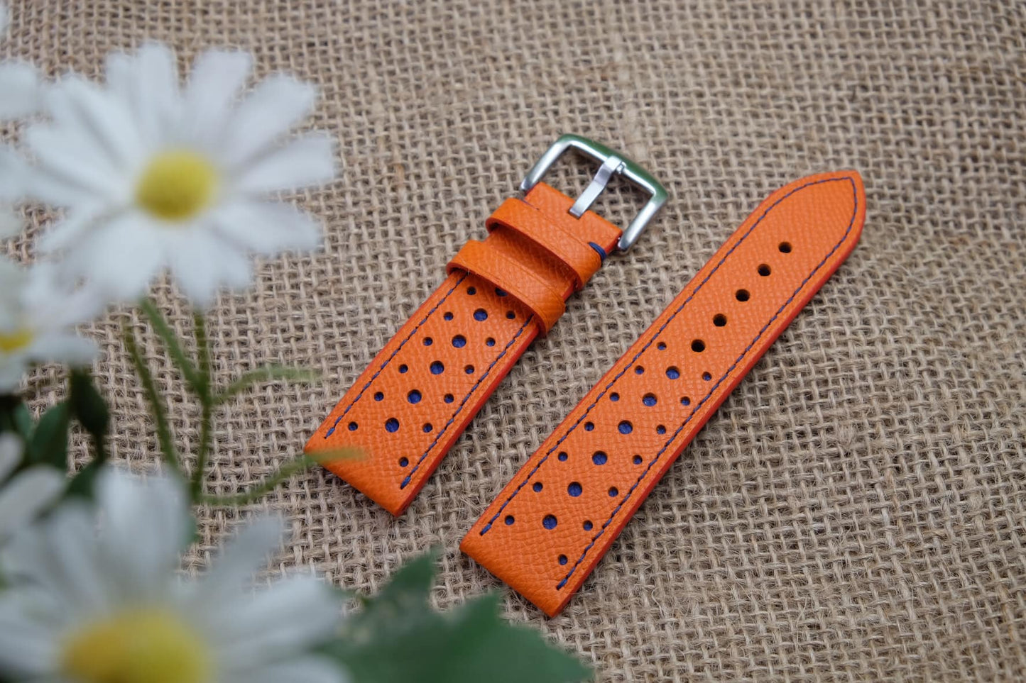 BESPOKE GENUINE ORANGE EPSOM RALLY LEATHER WATCH STRAP BAND HDLE07