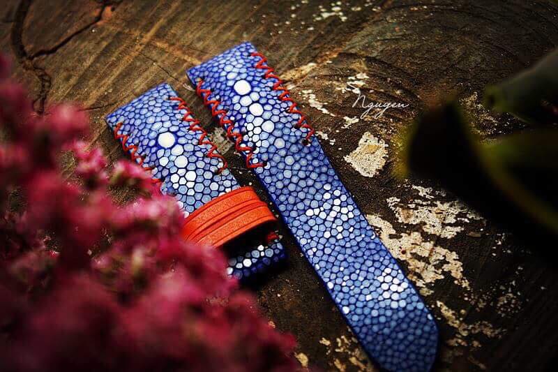 HANDCRAFTED GENUINE DOUBLE PEARLS BLUE STINGRAY LEATHER WATCH STRAP HDST04