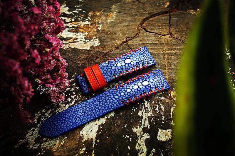 HANDCRAFTED GENUINE DOUBLE PEARLS BLUE STINGRAY LEATHER WATCH STRAP HDST04