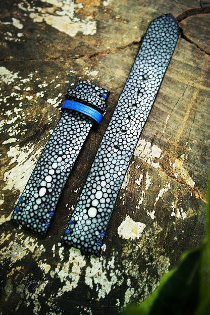 BESPOKE GENUINE DOUBLE PEARLS BLACK STINGRAY LEATHER WATCH STRAP HDST03