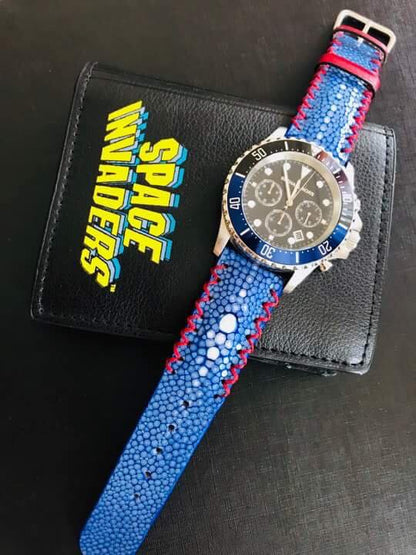 HANDCRAFTED GENUINE DOUBLE PEARLS BLUE STINGRAY LEATHER WATCH STRAP HDST04