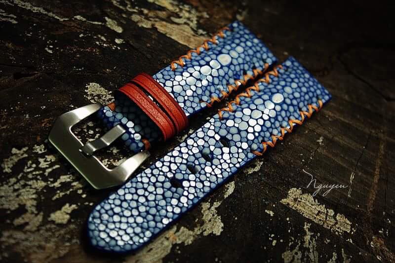 HANDCRAFTED GENUINE DOUBLE PEARLS BLUE STINGRAY LEATHER WATCH STRAP HDST04