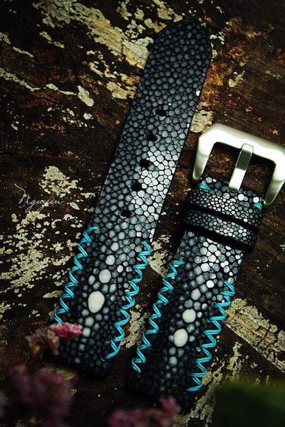 BESPOKE GENUINE DOUBLE PEARLS BLACK STINGRAY LEATHER WATCH STRAP HDST03