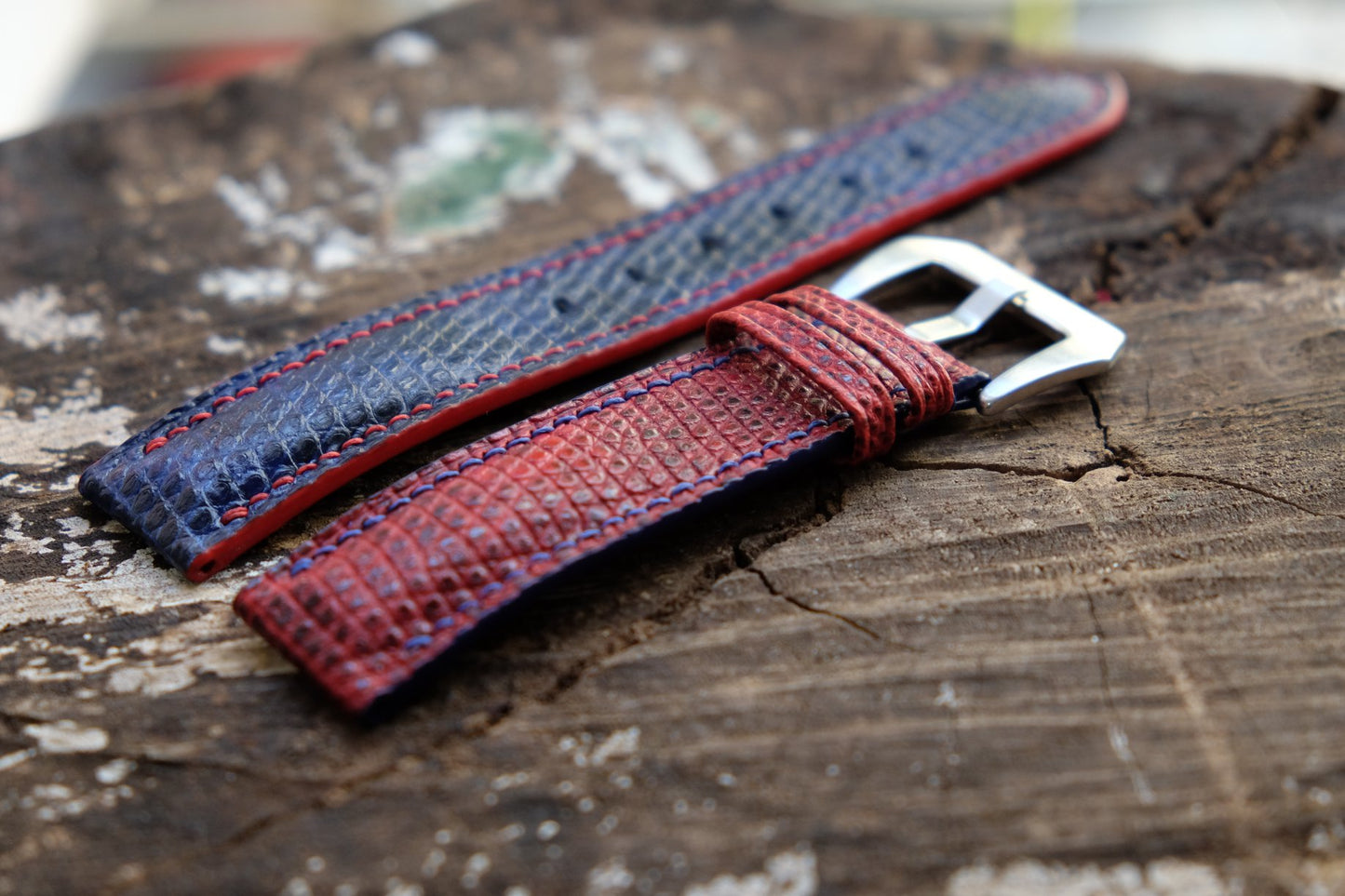 BESPOKE RED-BLUE GENUINE LIZARD LEATHER WATCH STRAP HDLZ16