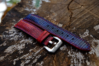 BESPOKE RED-BLUE GENUINE LIZARD LEATHER WATCH STRAP HDLZ16