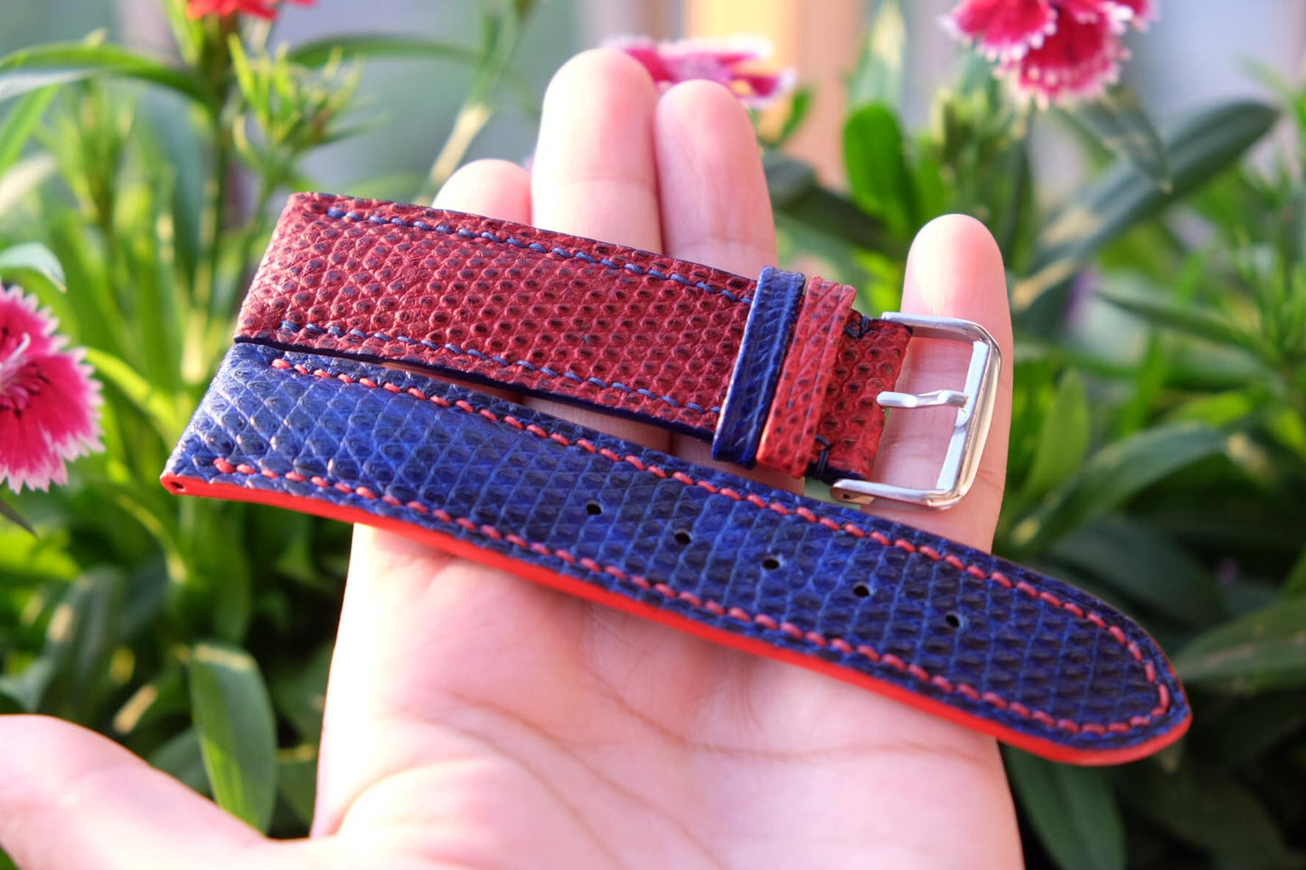 BESPOKE RED-BLUE GENUINE LIZARD LEATHER WATCH STRAP HDLZ16