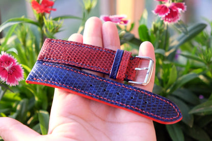 BESPOKE RED-BLUE GENUINE LIZARD LEATHER WATCH STRAP HDLZ16