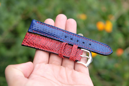 BESPOKE RED-BLUE GENUINE LIZARD LEATHER WATCH STRAP HDLZ16